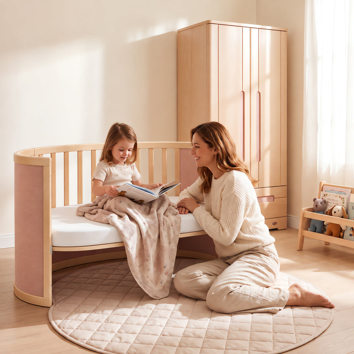 Mum and child with the Eden Elite cot in toddler bed mode (shown in Cherry & Beech)