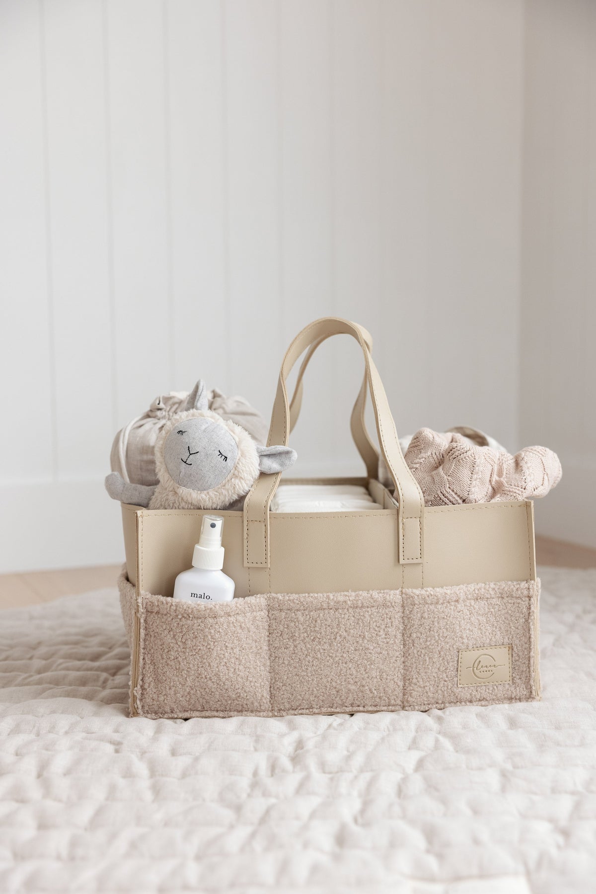 Linen Label Luxe Nappy Caddy in Nude, structured nursery caddy