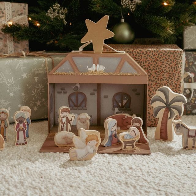 Little Dutch Nativity Play Box figures arranged in the scene