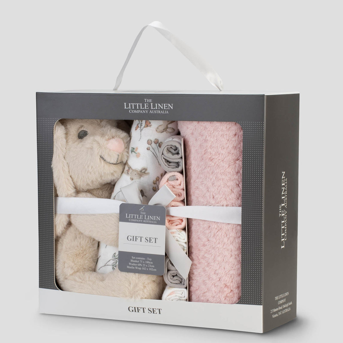 Side view of the Little Linen Harvest Bunny gift box