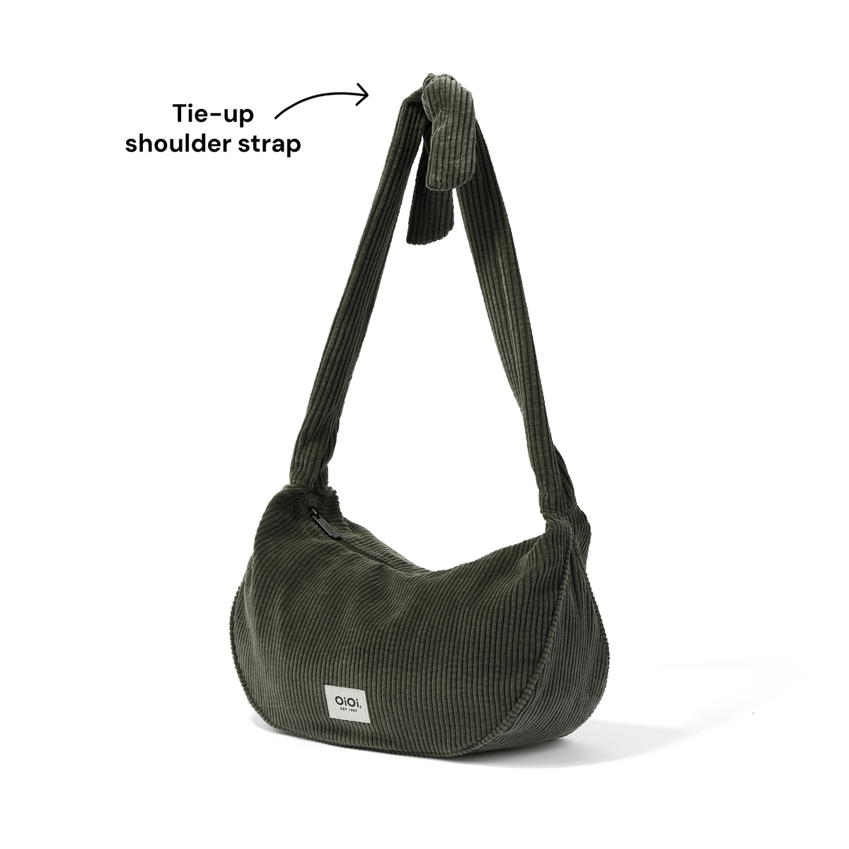 OiOi Luna Crossbody adjustable tie-up shoulder strap detail in Moss Green