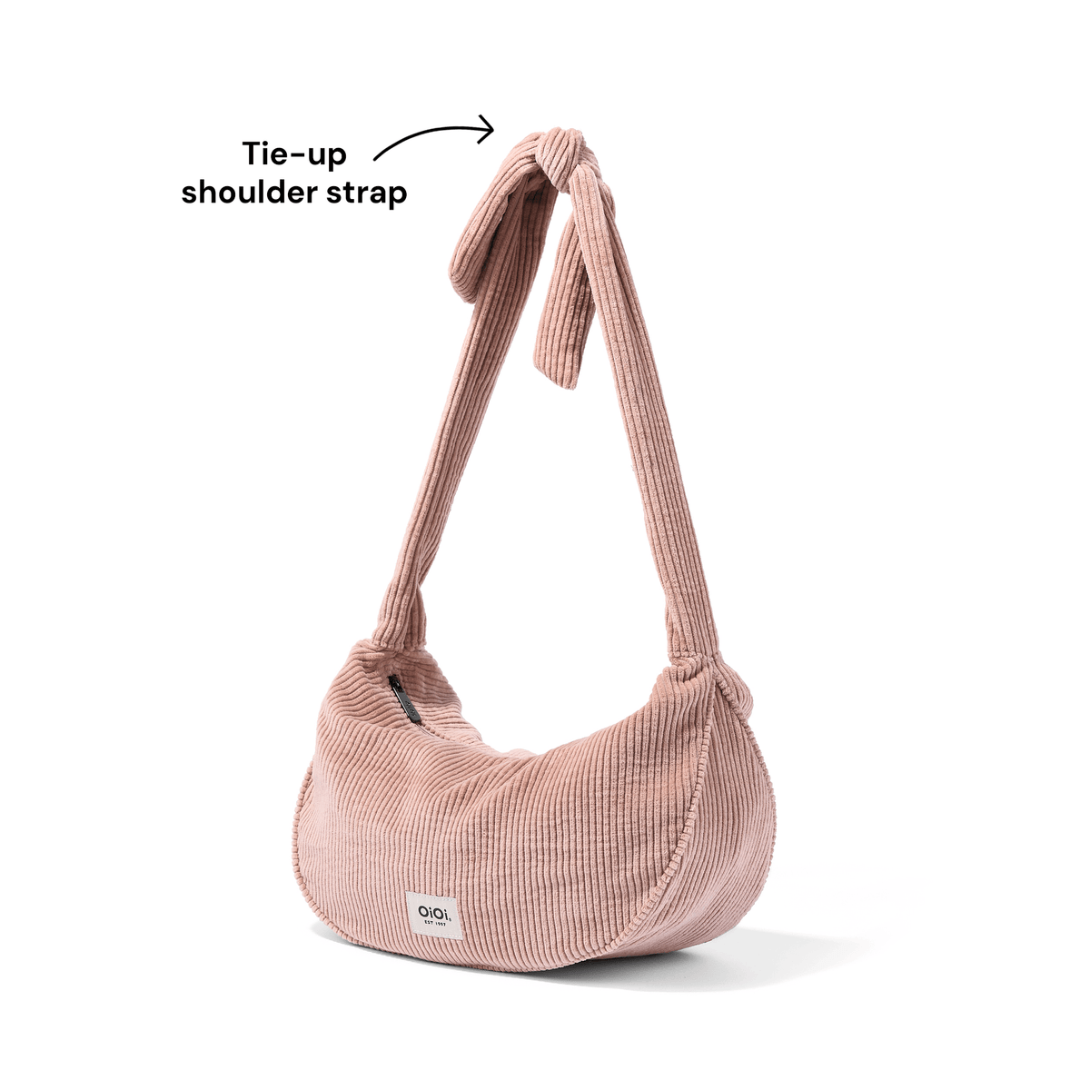 OiOi Luna Crossbody adjustable tie-up shoulder strap detail in Rose Pink