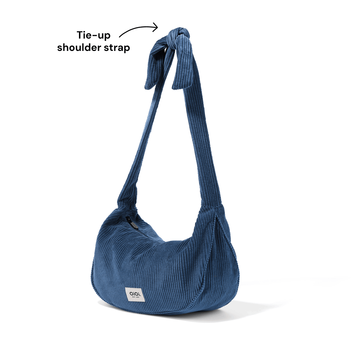 OiOi Luna Crossbody adjustable tie-up shoulder strap detail in Ocean Blue