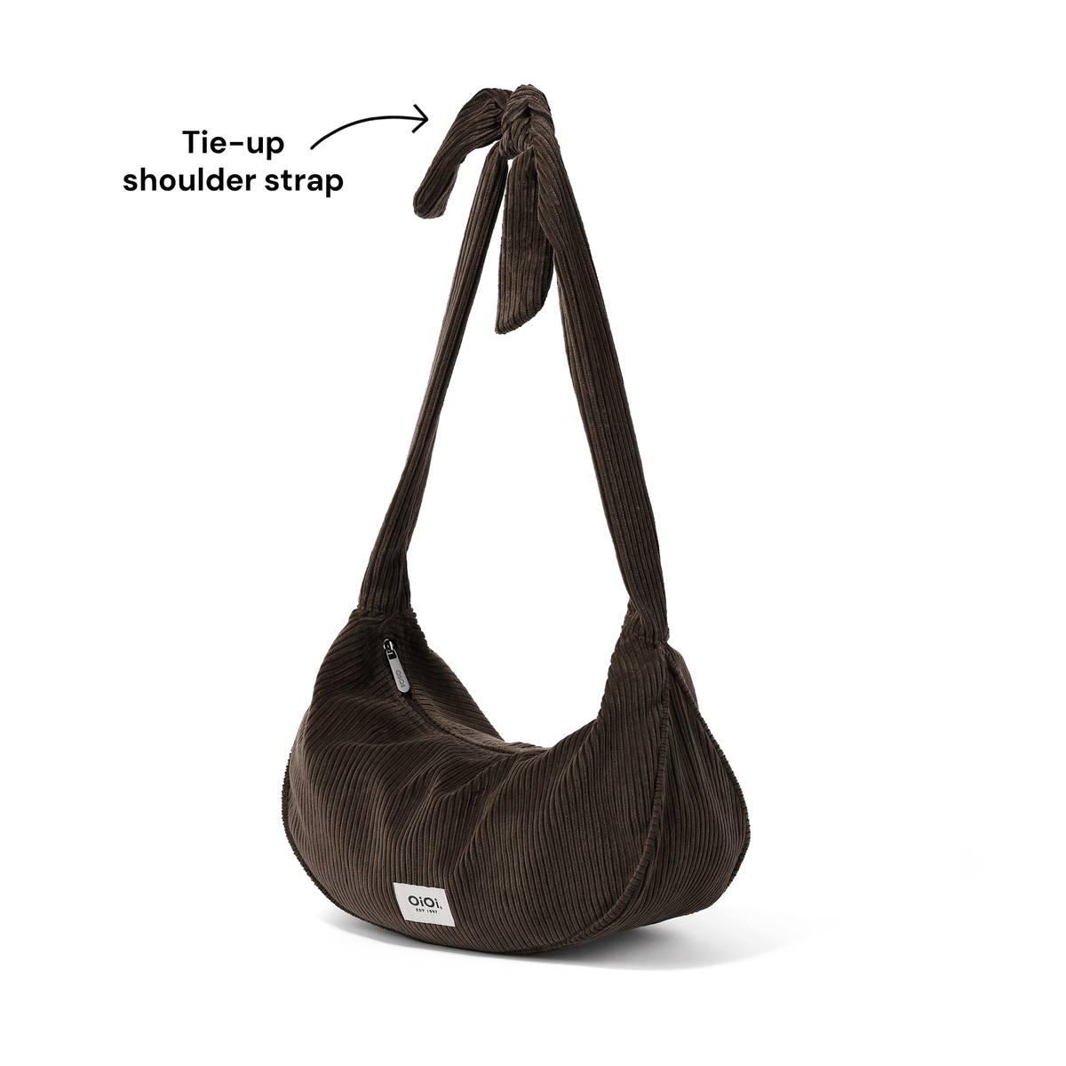 OiOi Luna Crossbody adjustable tie-up shoulder strap detail in Chocolate Brown