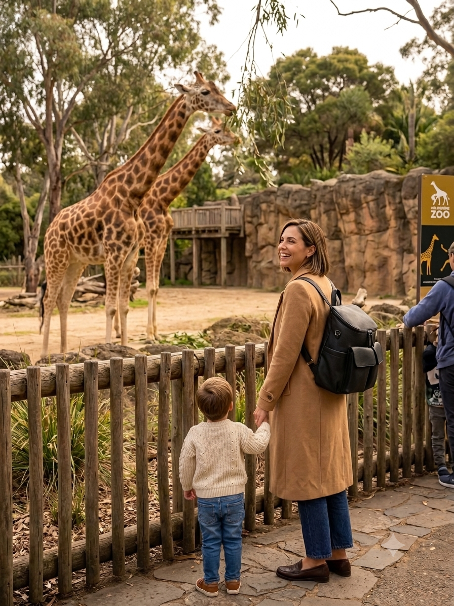 Parent wearing the Coco Mae Lyon nappy backpack in Black at the zoo