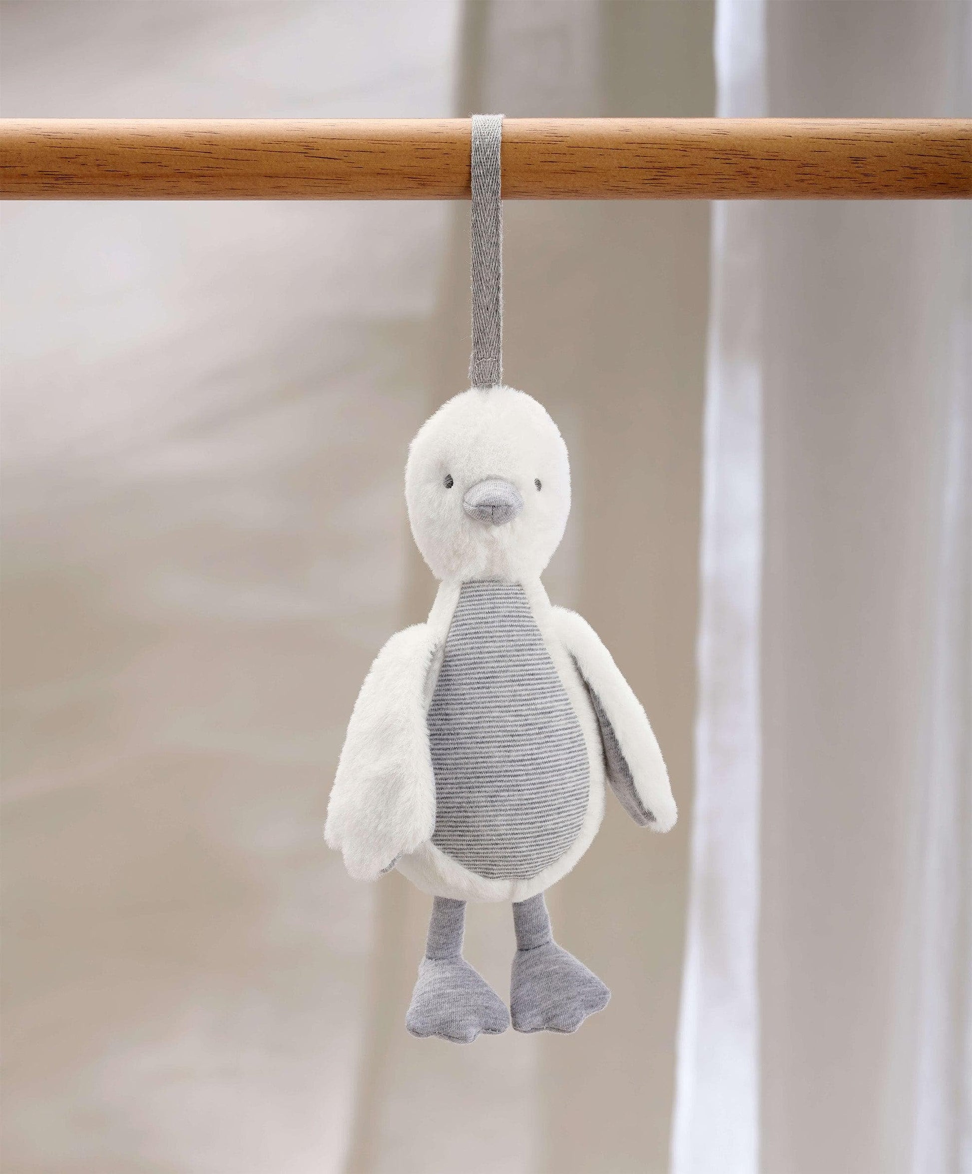 Mamas & Papas WTTW Grey Chime Duck — soft pram travel toy with ribbon clip, suitable from birth