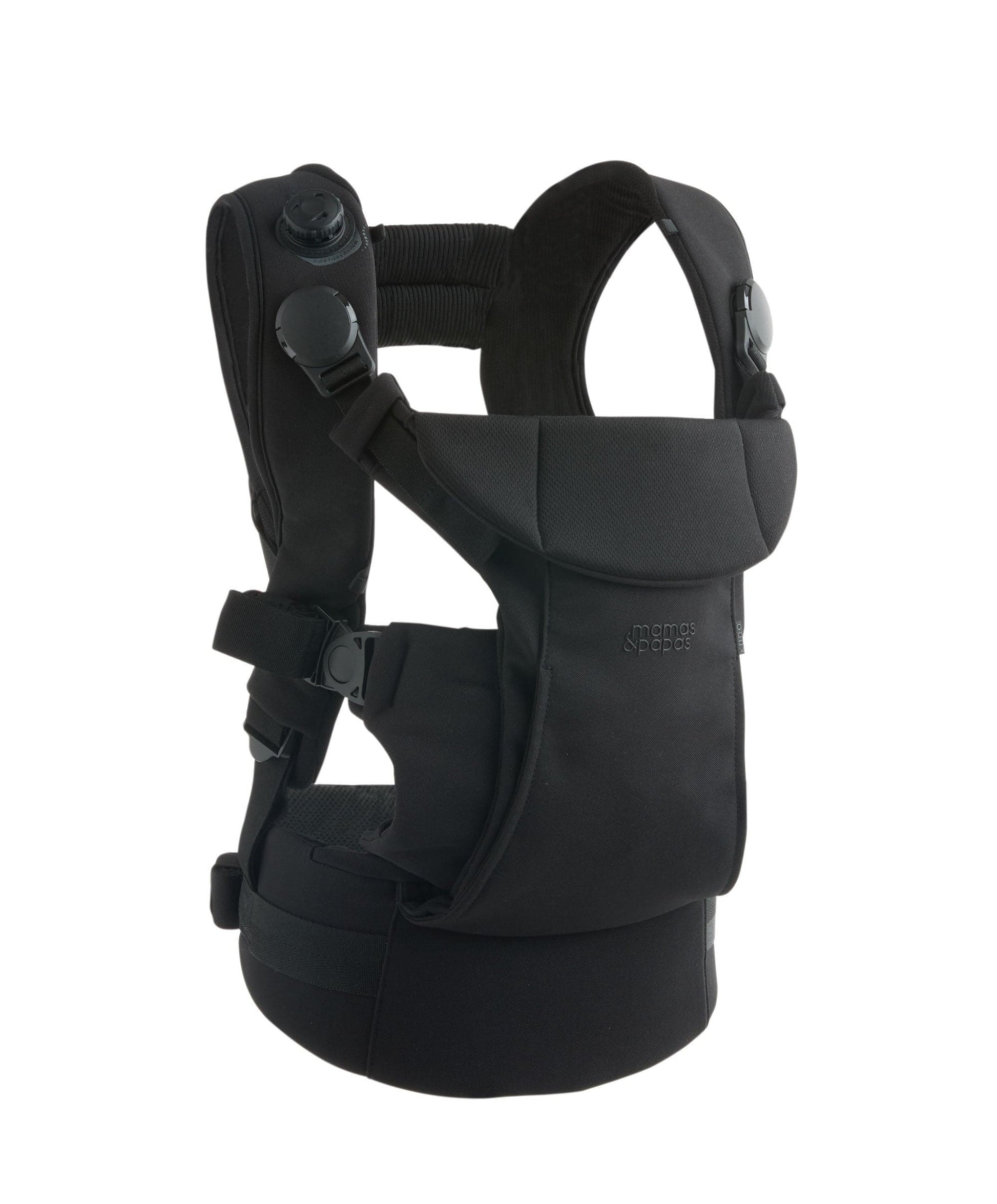 Mamas & Papas Kudo Baby Carrier Black — front view showing Posture Align dial and structured carrier