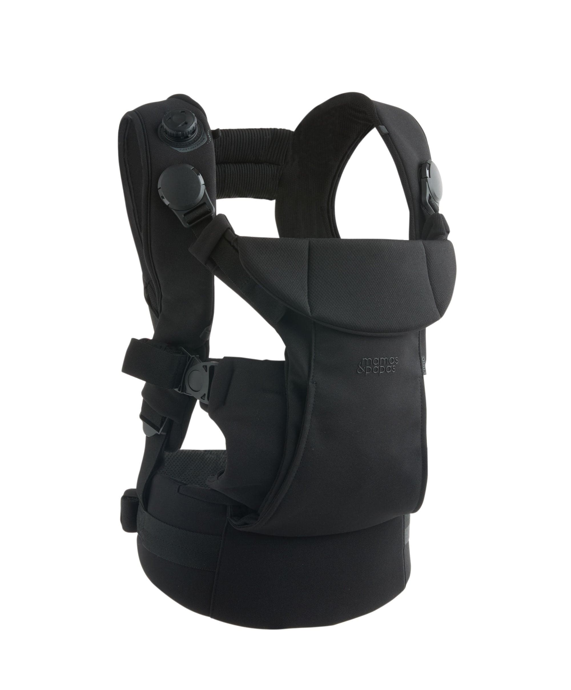 Mamas & Papas Kudo Baby Carrier Black — front view showing Posture Align dial and structured carrier