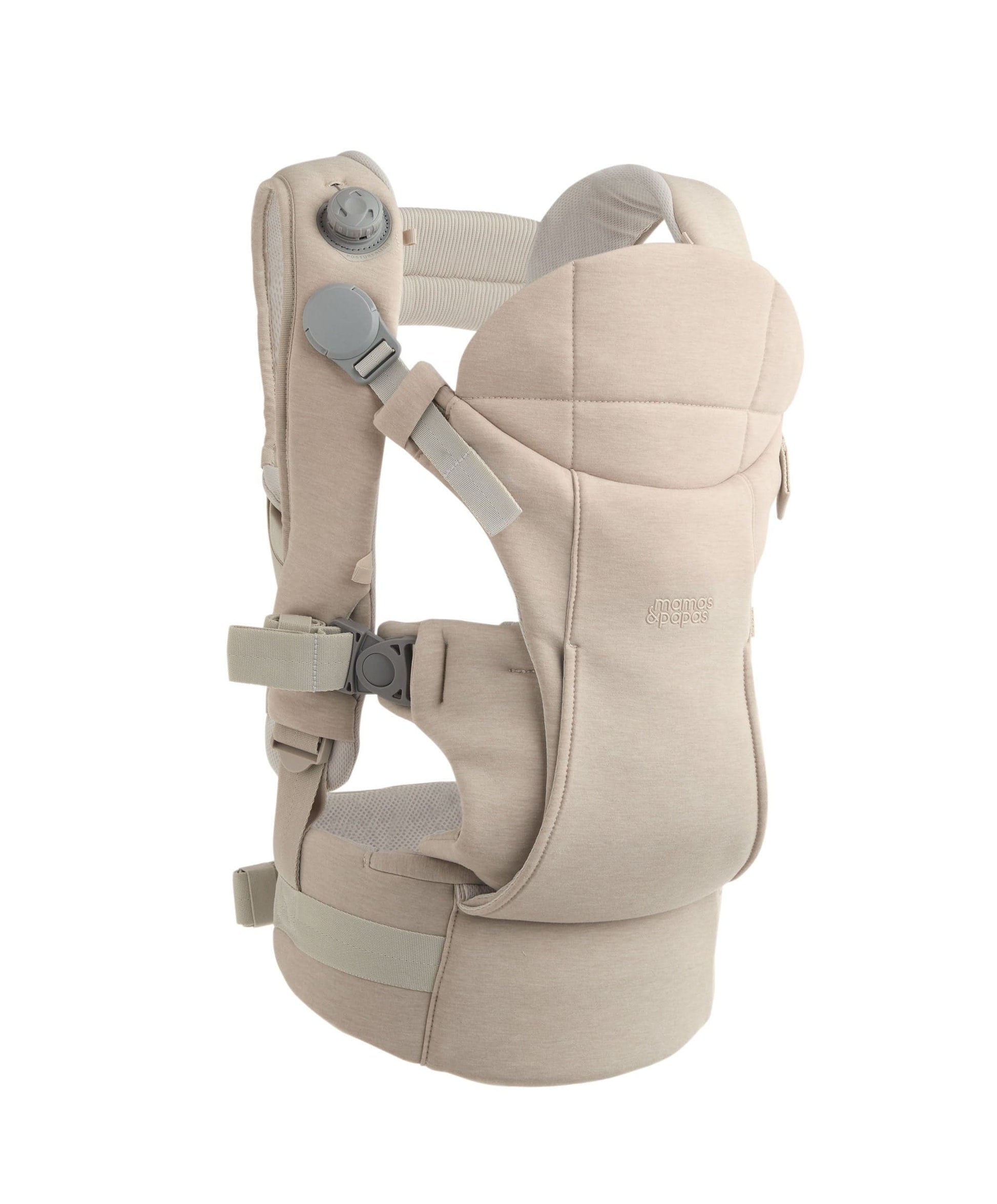 Kudo Baby Carrier Cashmere by Mamas & Papas — parent carrying baby in warm neutral cashmere colourway
