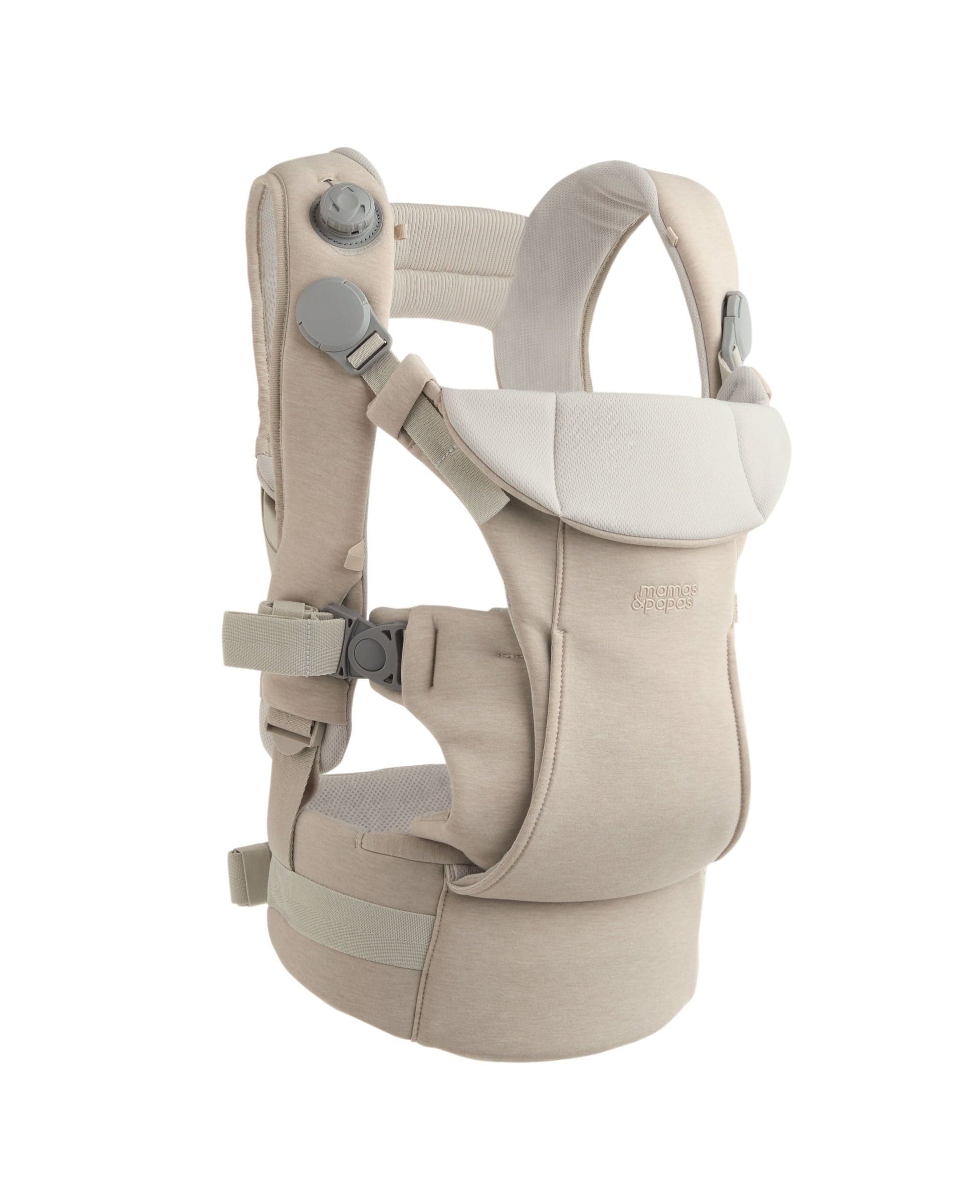 Mamas & Papas Kudo Baby Carrier Cashmere — front view showing Posture Align dial and structured carrier