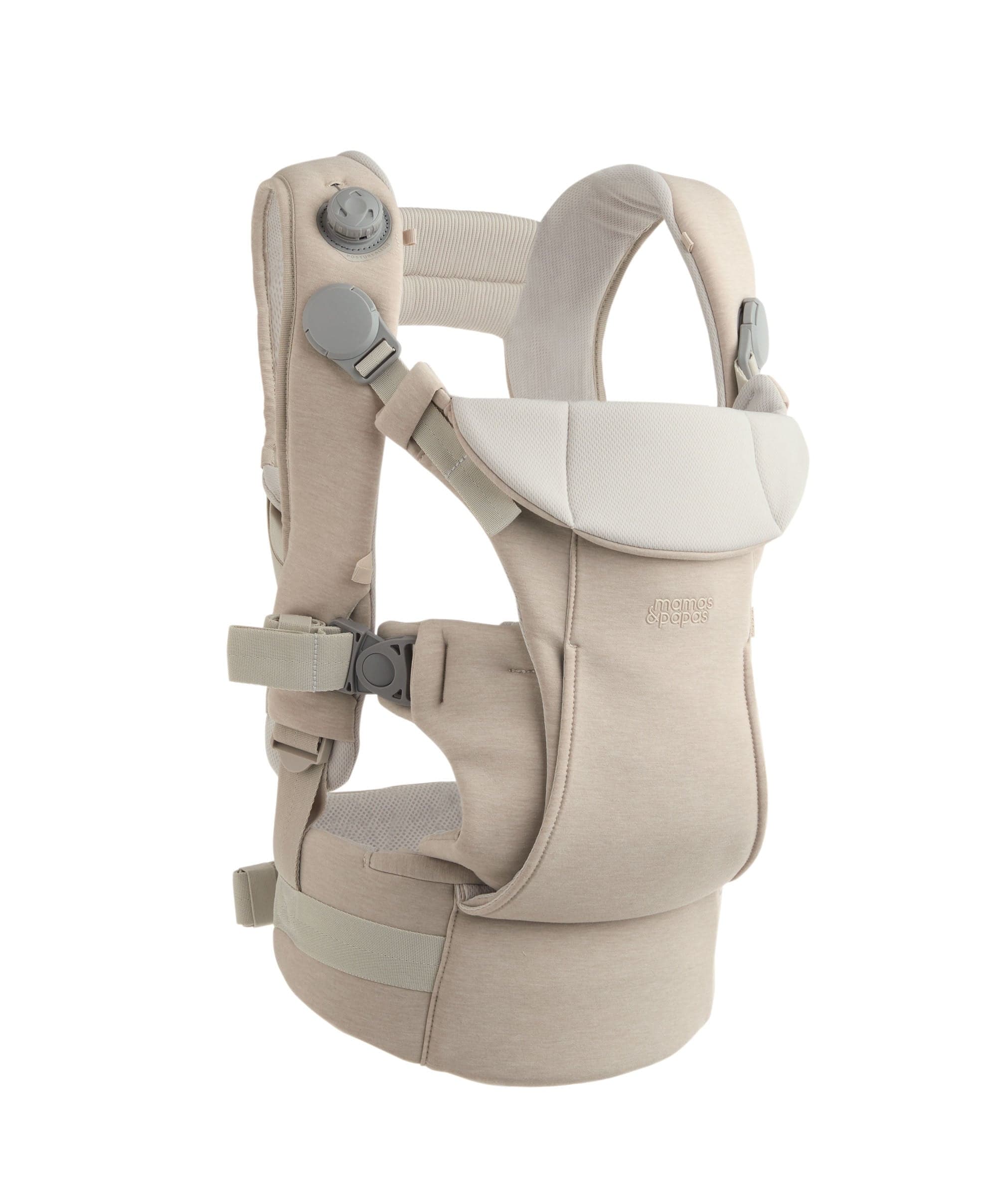 Mamas & Papas Kudo Baby Carrier Cashmere — front view showing Posture Align dial and structured carrier
