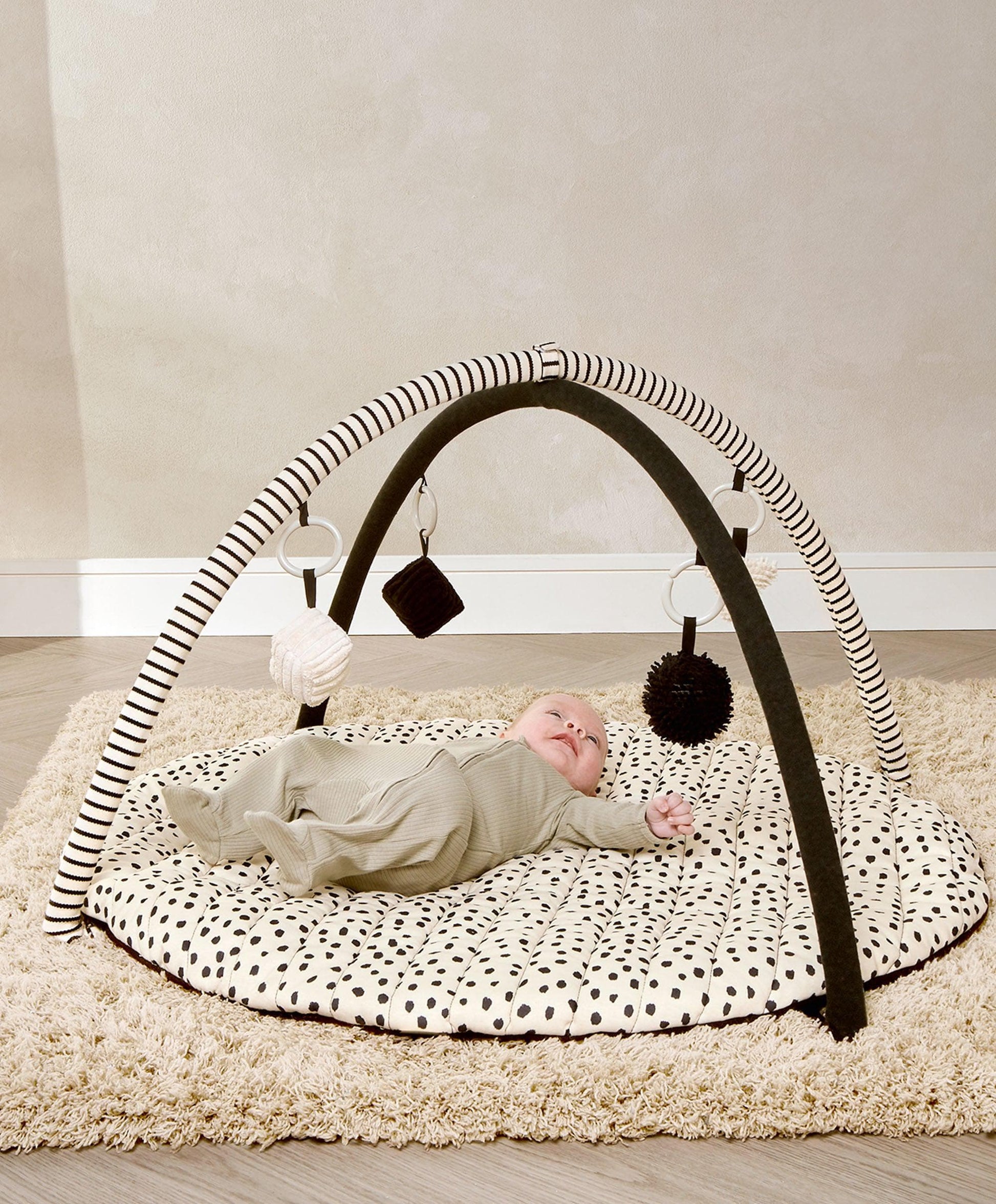 Mamas & Papas x Another Fox Playmat — high contrast B&W sensory playmat with 4 hanging toys, newborn