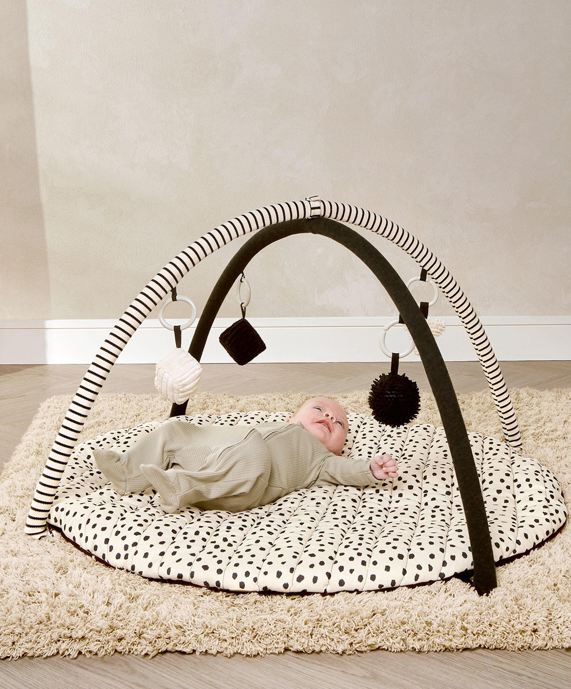 Mamas & Papas x Another Fox Playmat — high contrast B&W sensory playmat with 4 hanging toys, newborn
