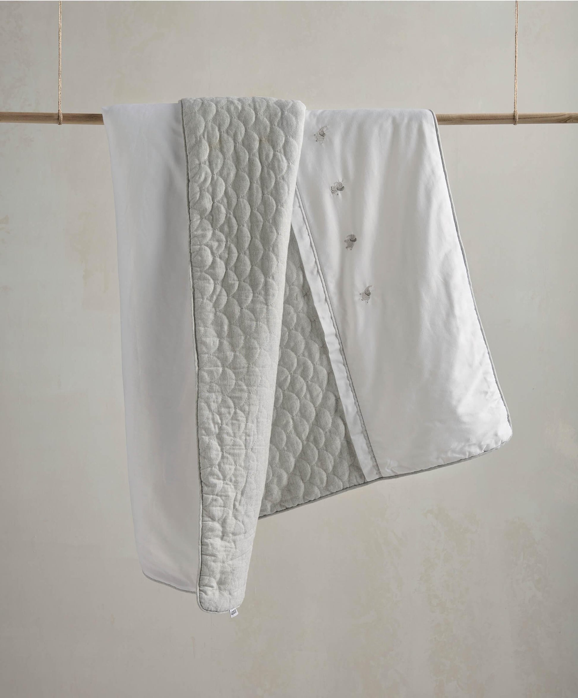 Mamas & Papas Elephant Quilt styled in nursery — 4.0 Tog cotbed quilt, BSEN 16779-1 certified