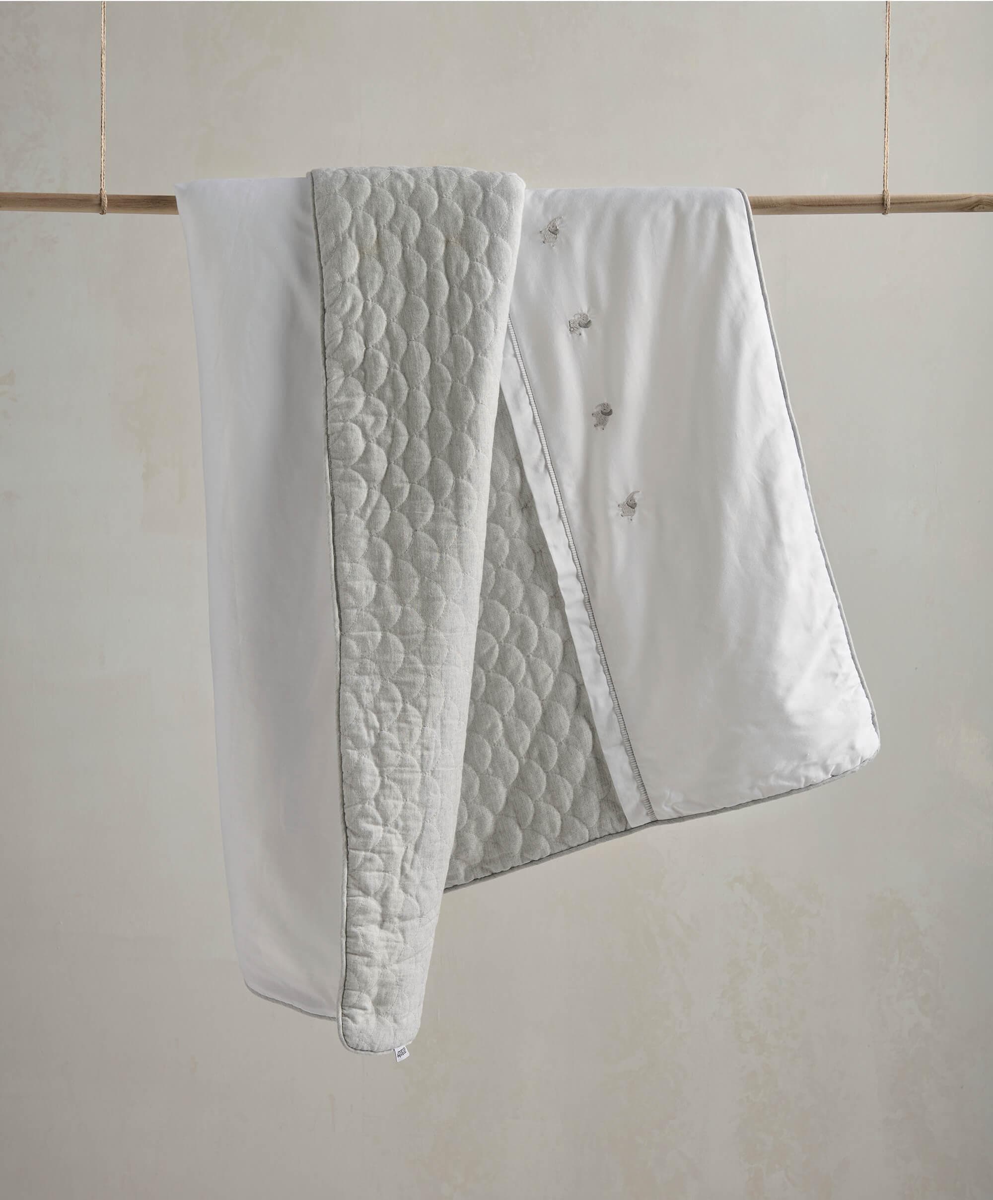 Mamas & Papas Elephant Quilt styled in nursery — 4.0 Tog cotbed quilt, BSEN 16779-1 certified