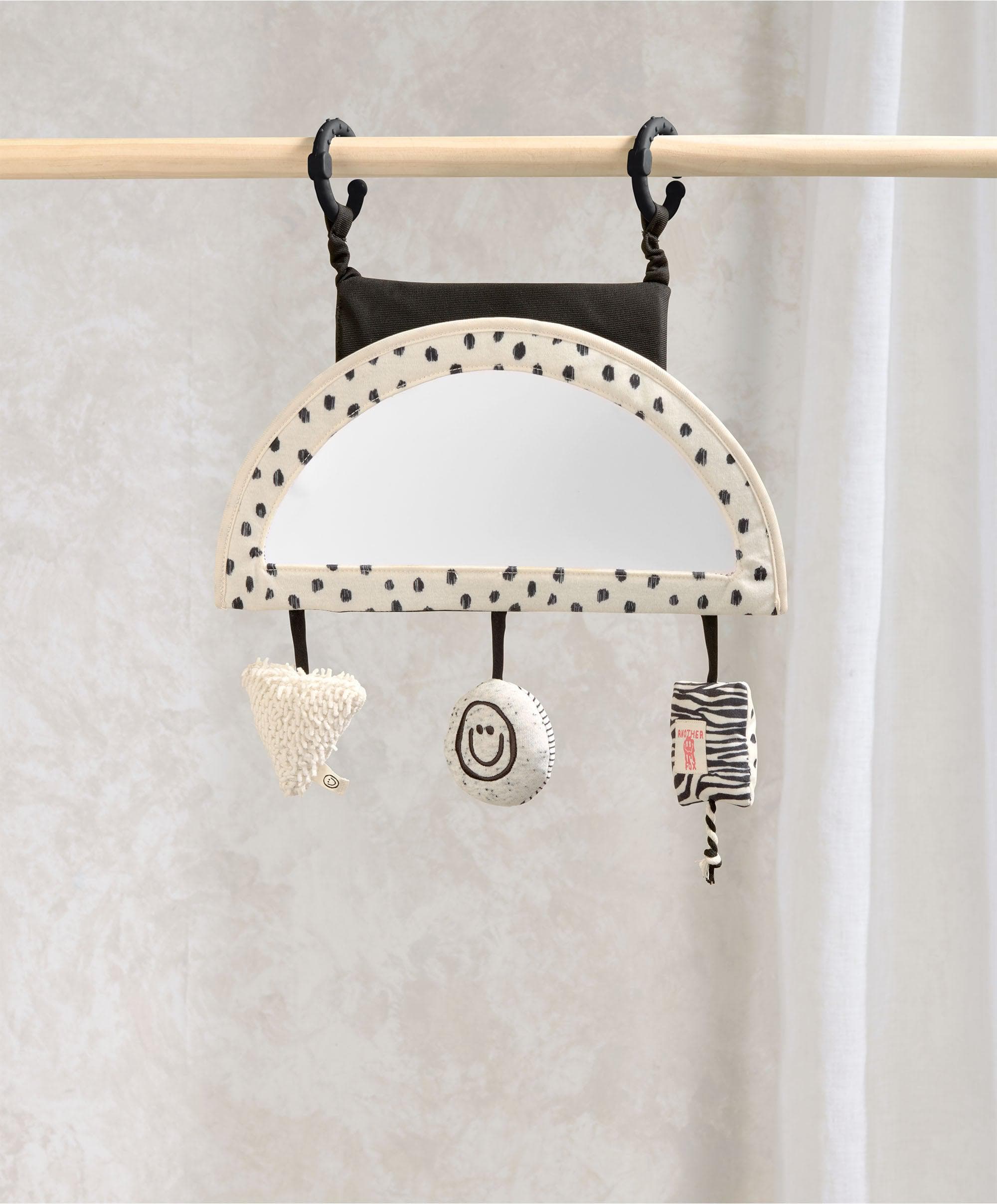 Mamas & Papas x Another Fox Car Seat Toy — baby-safe mirror with B&W animal print detail