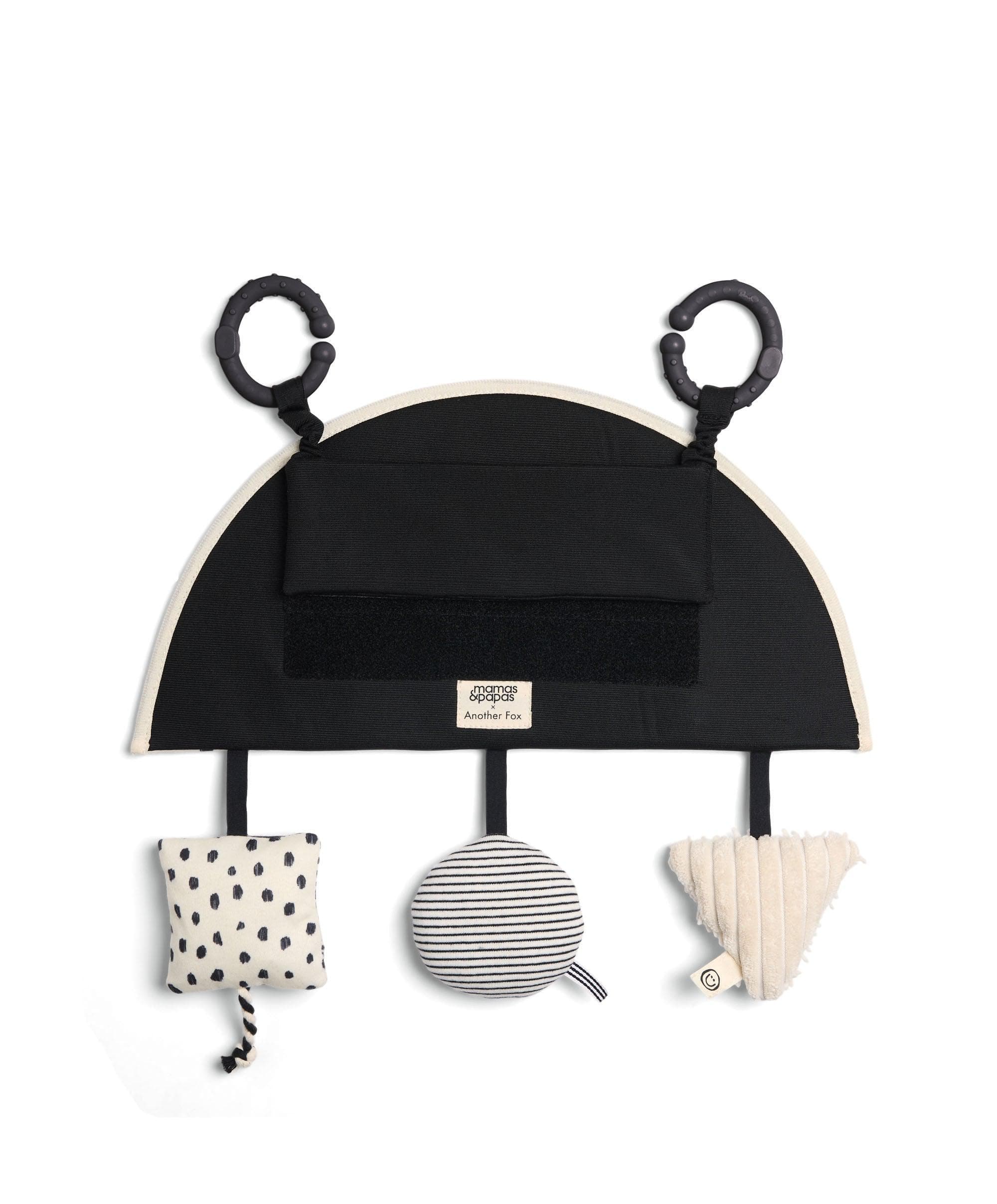 Mamas & Papas x Another Fox Car Seat Toy — bold B&W prints with baby mirror and 3 hanging toys