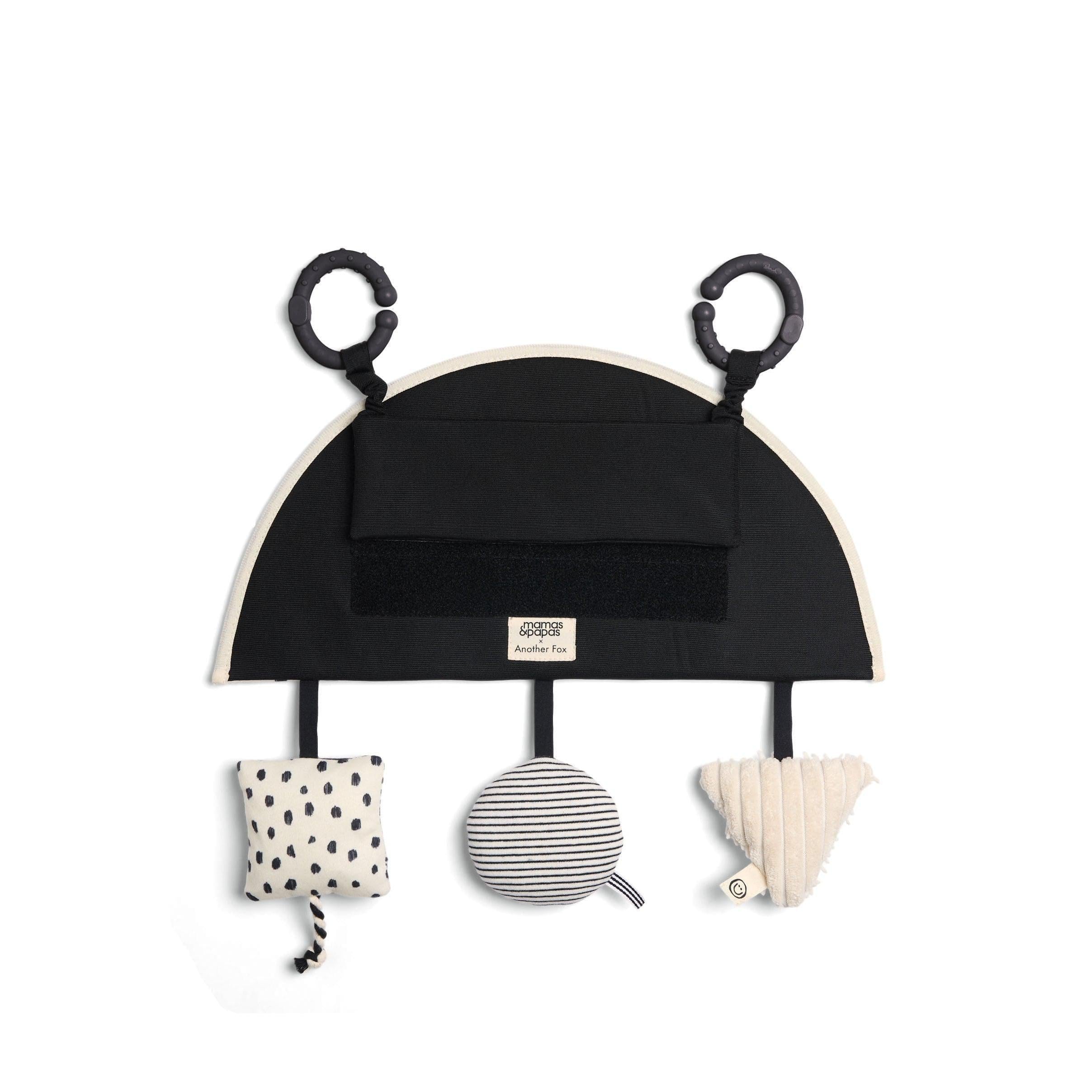 Mamas & Papas x Another Fox Car Seat Toy — bold B&W prints with baby mirror and 3 hanging toys
