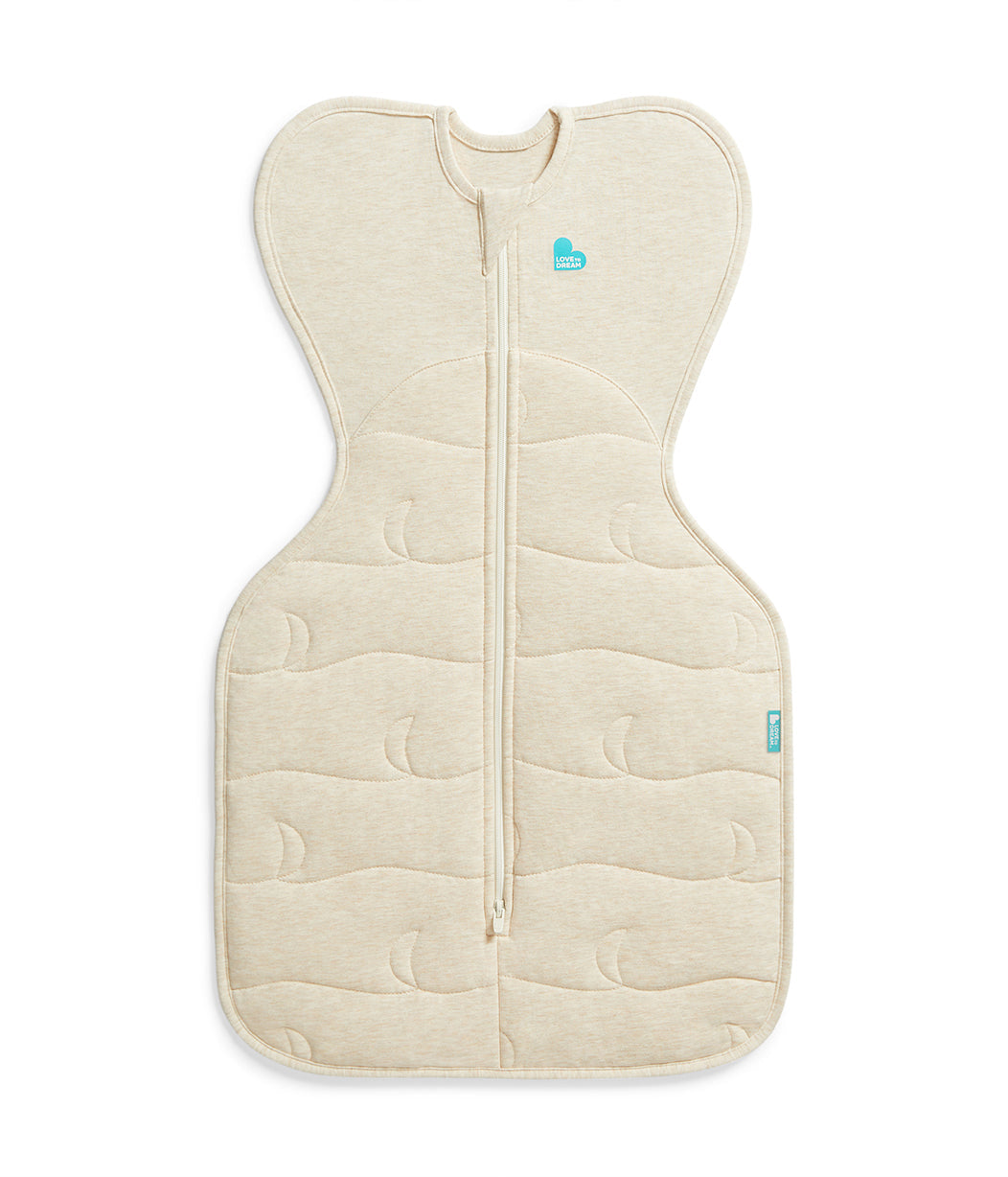 Love to Dream Swaddle Up 3.5 TOG Cotton showing ARMS UP position for cold room sleep