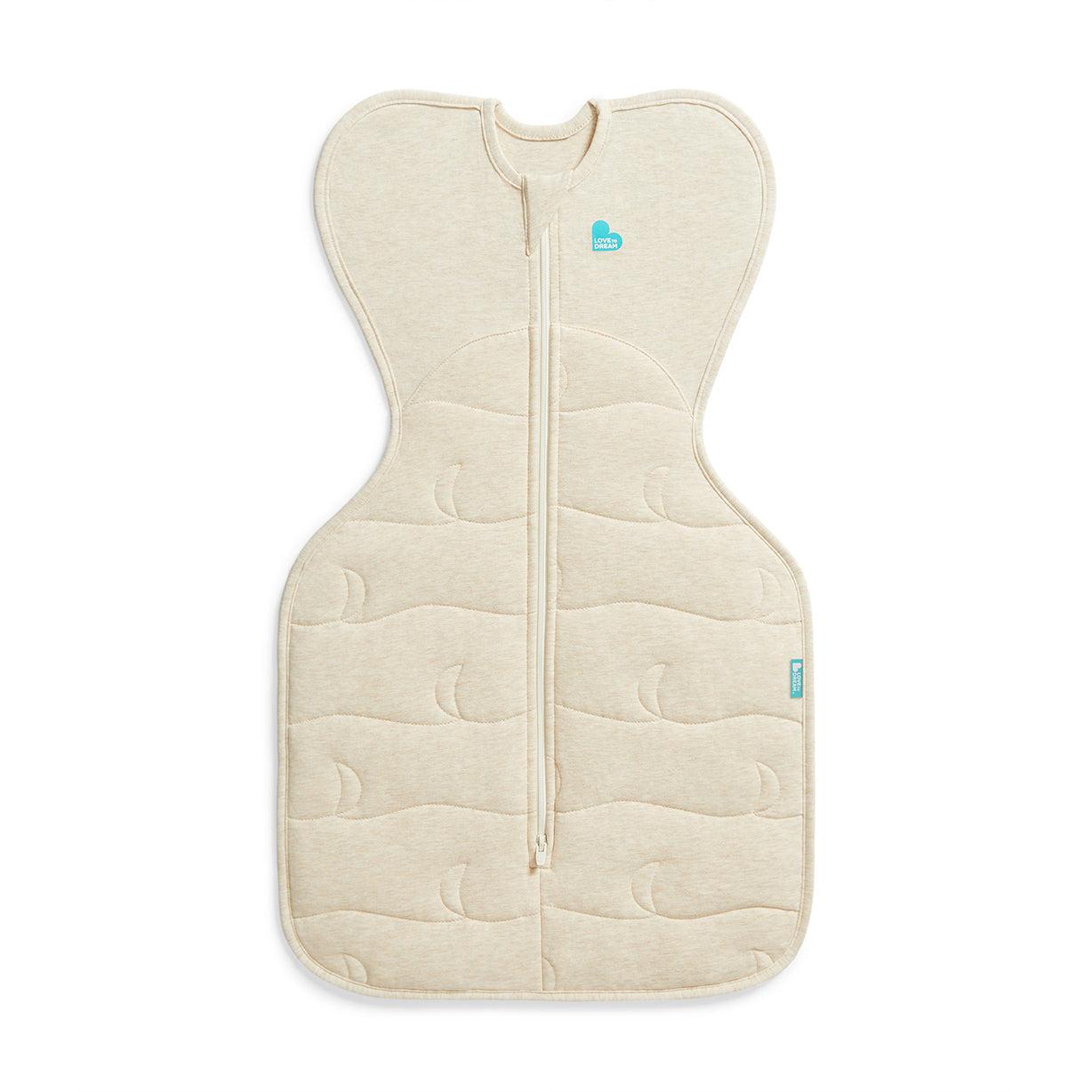 Love to Dream Swaddle Up 3.5 TOG Cotton showing ARMS UP position for cold room sleep