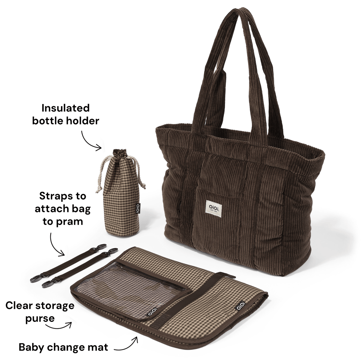 OiOi Everyday Tote included accessories shown in Chocolate Brown corduroy