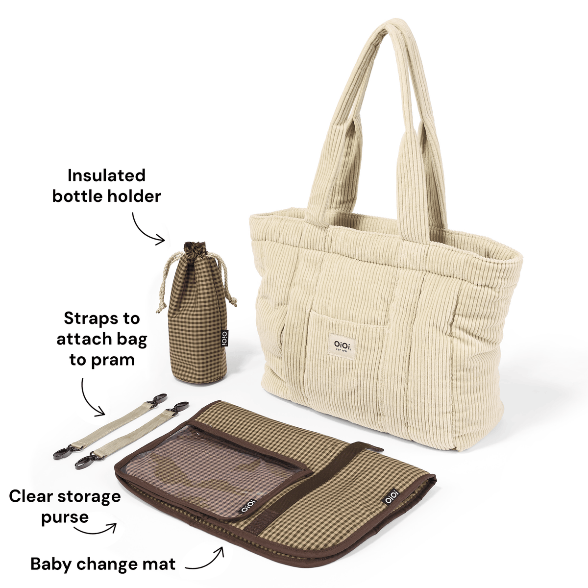 OiOi Everyday Tote included accessories shown in Cream corduroy