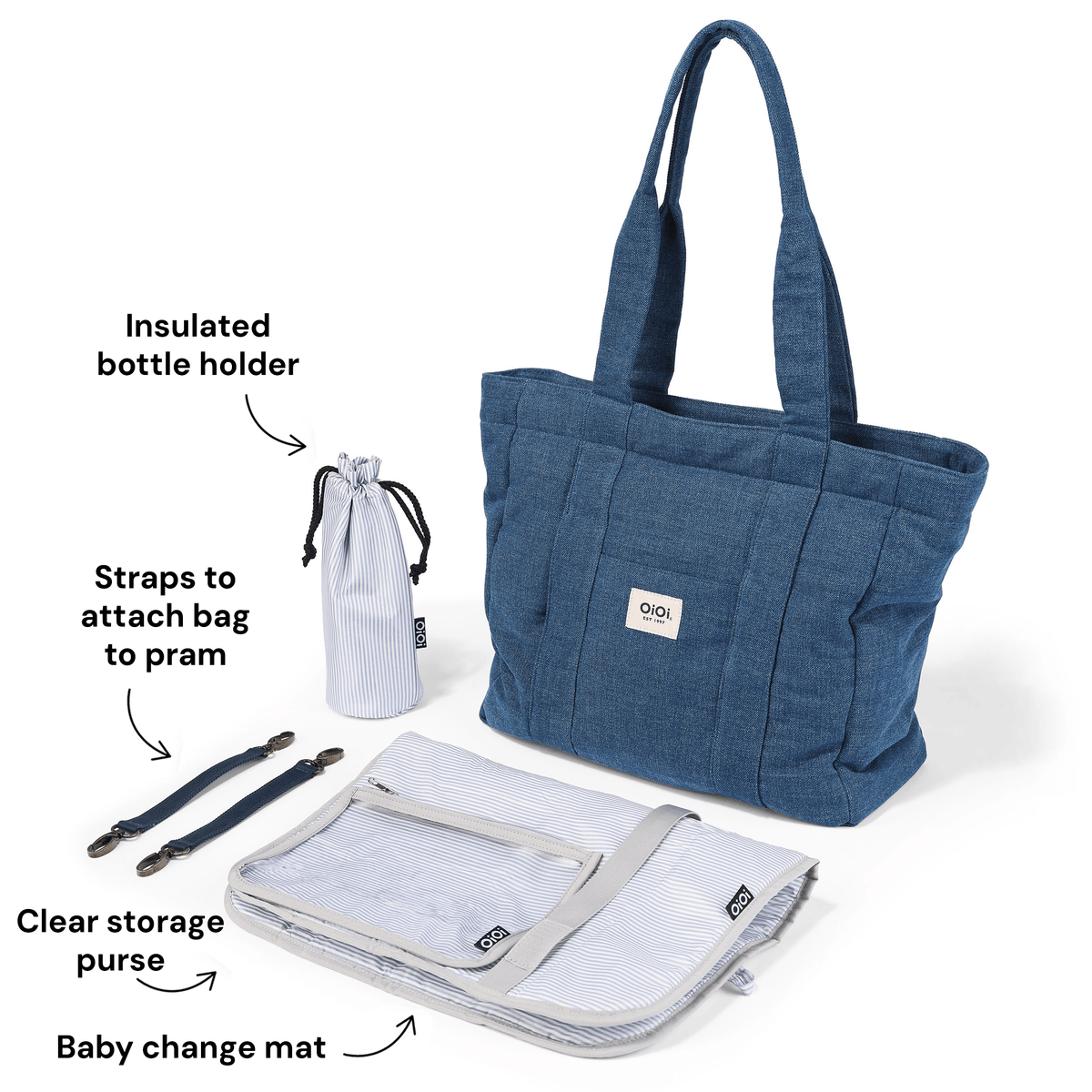OiOi Everyday Tote included accessories shown in Denim