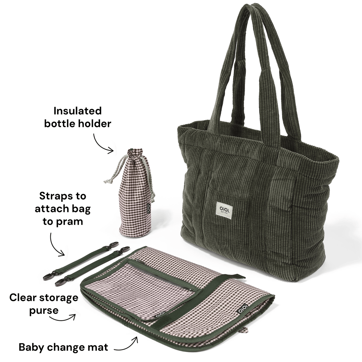 OiOi Everyday Tote included accessories shown in Moss Green corduroy