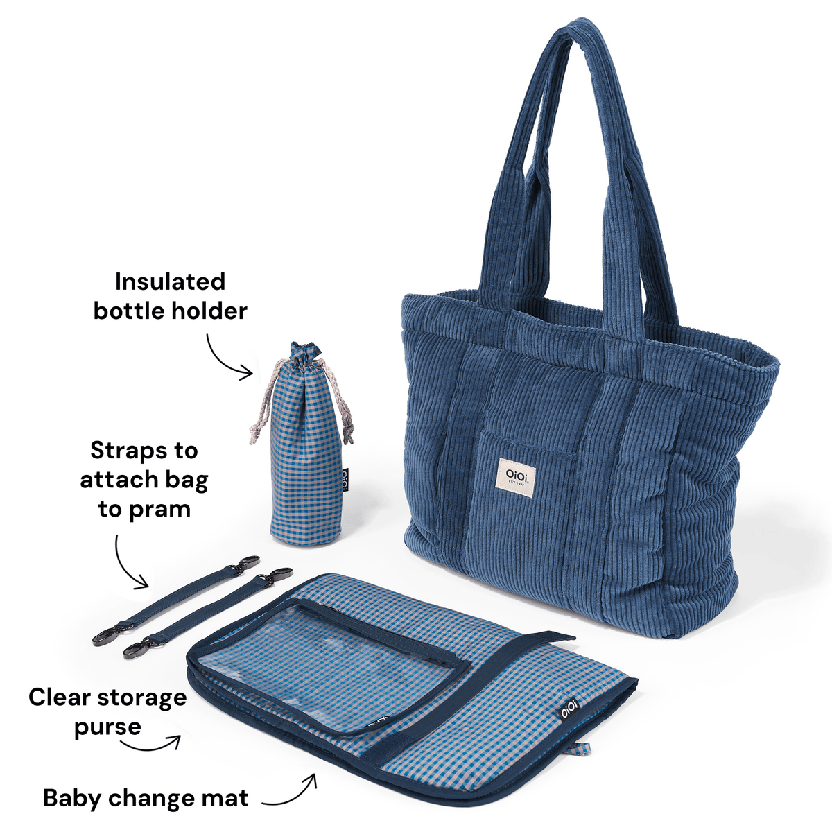 OiOi Everyday Tote included accessories shown in Ocean Blue corduroy