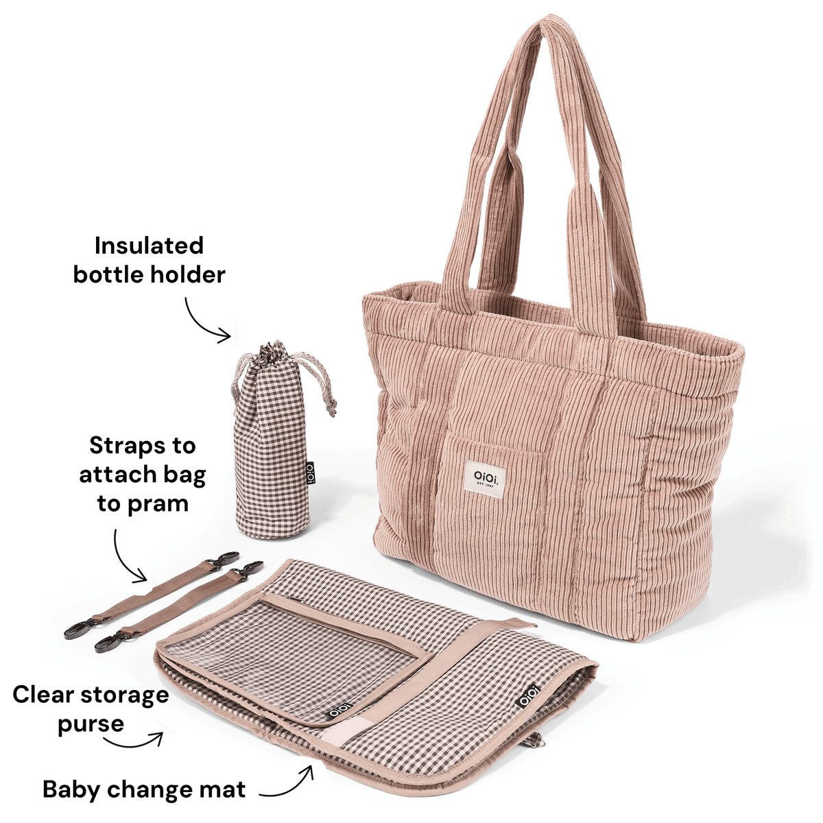 OiOi Everyday Tote included accessories shown in Rose Pink corduroy