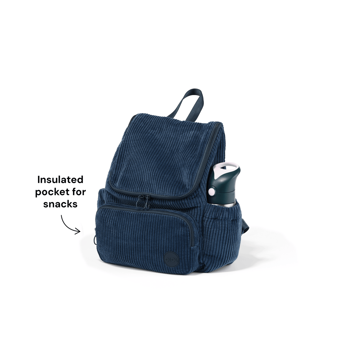 OiOi Signature Kids Backpack insulated snack pocket in Ocean Blue corduroy