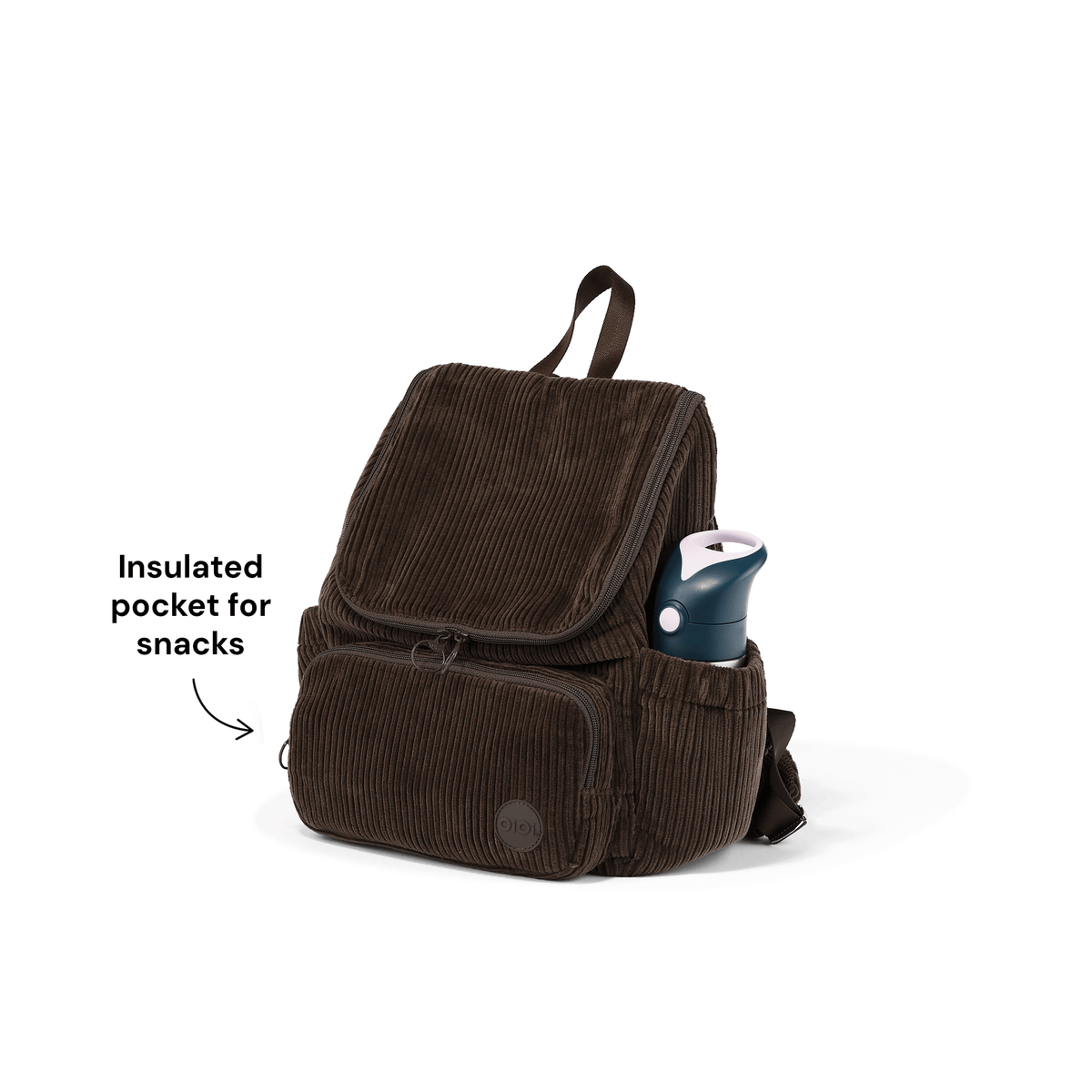 OiOi Signature Kids Backpack insulated snack pocket in Chocolate Brown corduroy