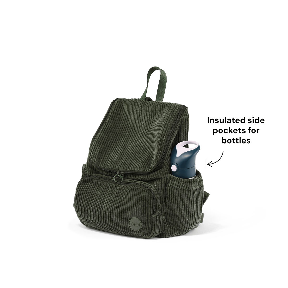 OiOi Signature Kids Backpack insulated side bottle pocket (shown in Moss Green)