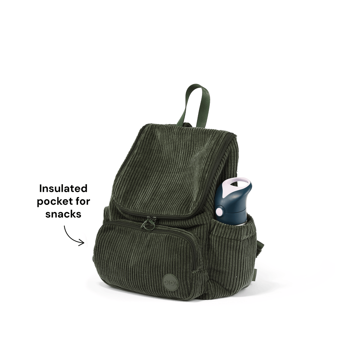 OiOi Signature Kids Backpack insulated snack pocket in Moss Green corduroy