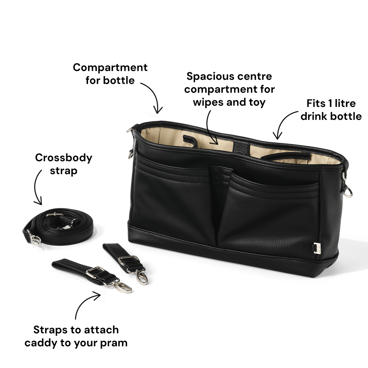 OiOi Signature Pram Caddy black with included shoulder strap and accessories