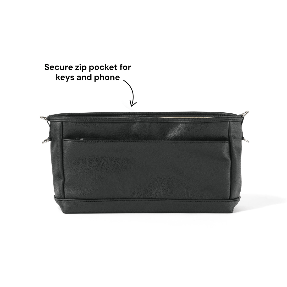OiOi Signature Pram Caddy black back view showing adjustable pram straps