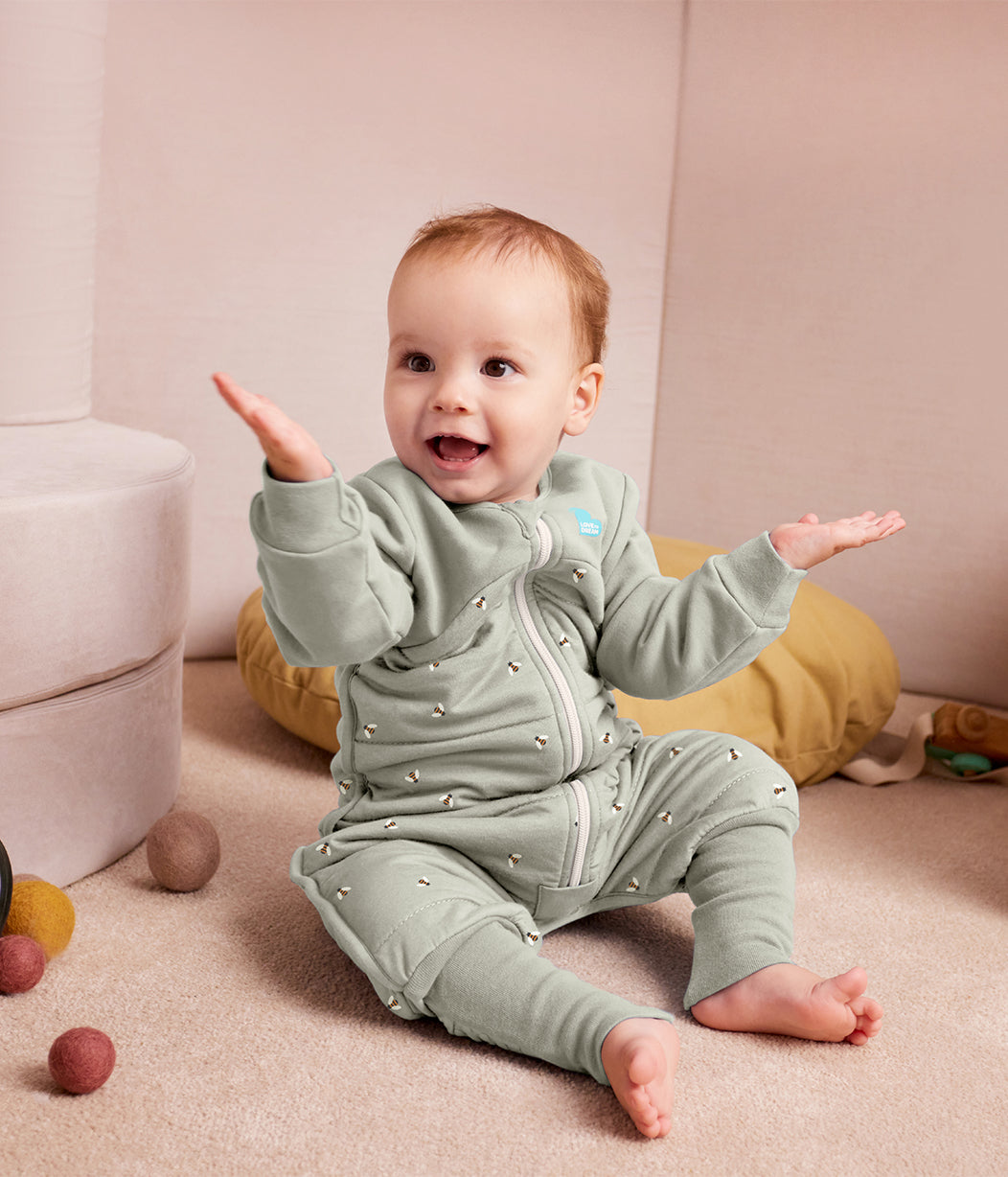 Love to Dream Sleep Suit Long Sleeve 2.5 TOG Cotton Olive Bees — front product view
