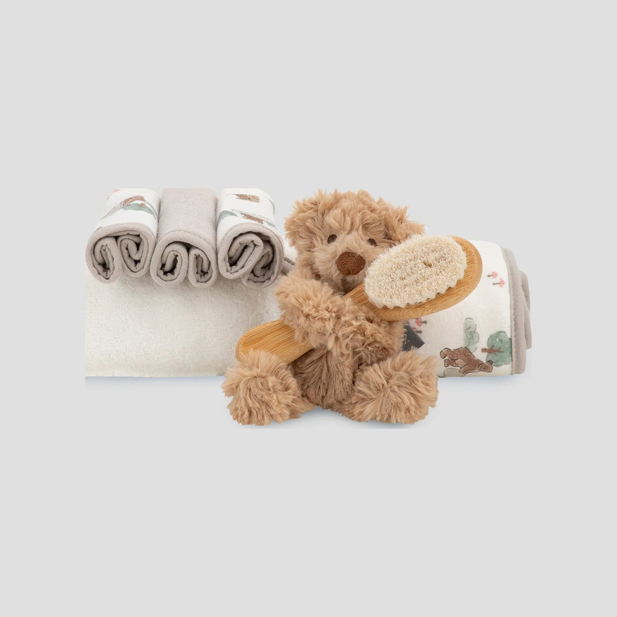 Little Linen Bath Gift Set in Willow Bear with hooded towel, washers, plush bear and brush