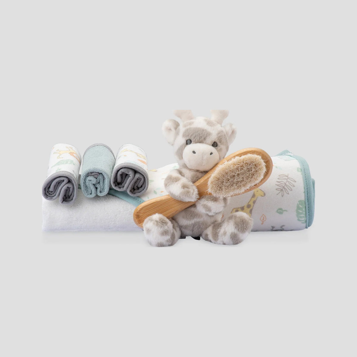 Little Linen Bath Gift Set in Savanna Giraffe with hooded towel, washers, plush giraffe and brush