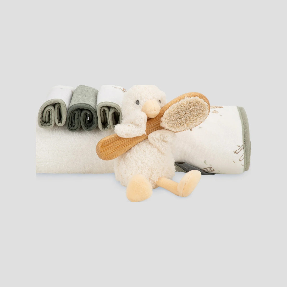 Little Linen Bath Gift Set in Fuzzy Duck with hooded towel, washers, plush duck and brush