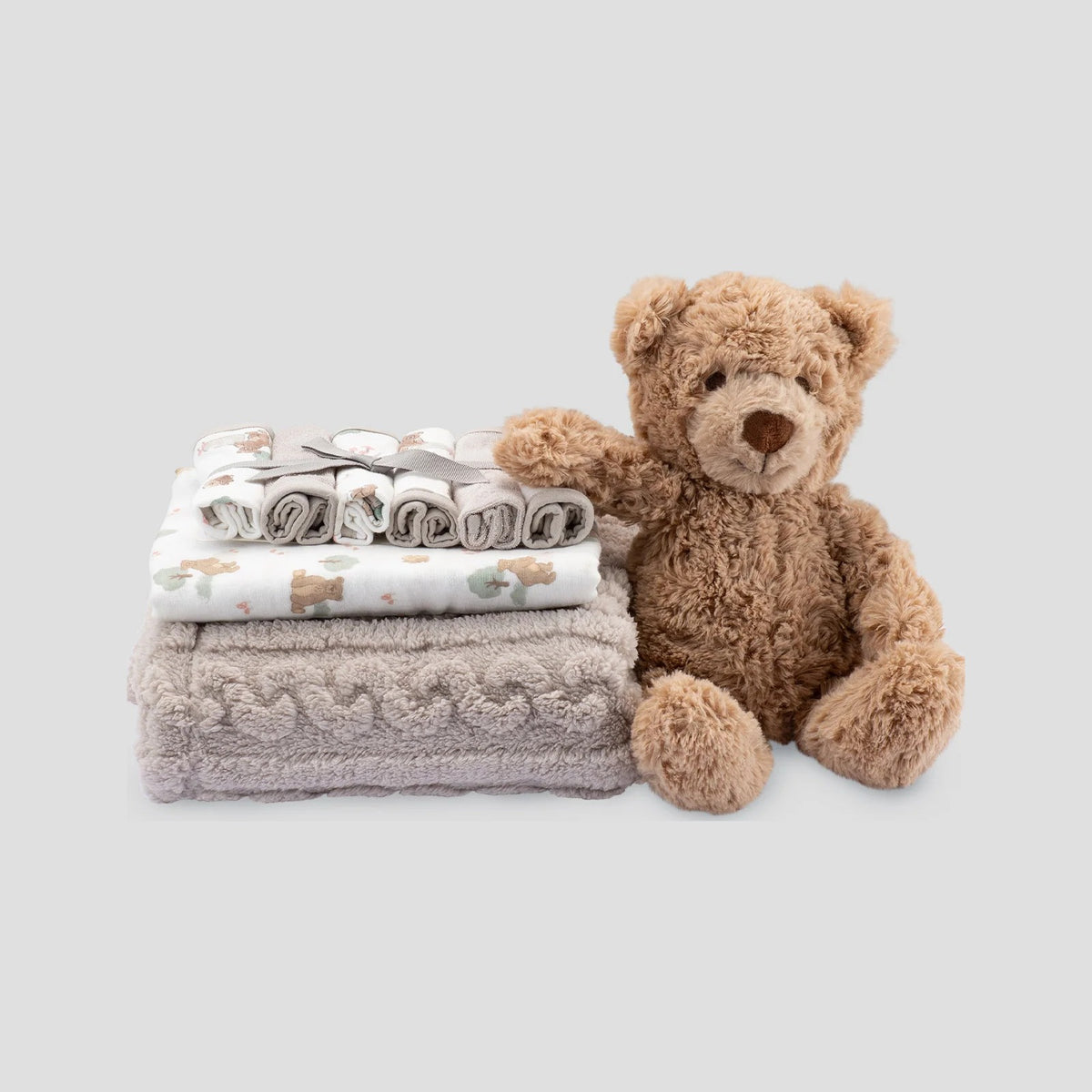 Little Linen Boxed Gift Set in Willow Bear with blanket, plush bear, washers and muslin wrap