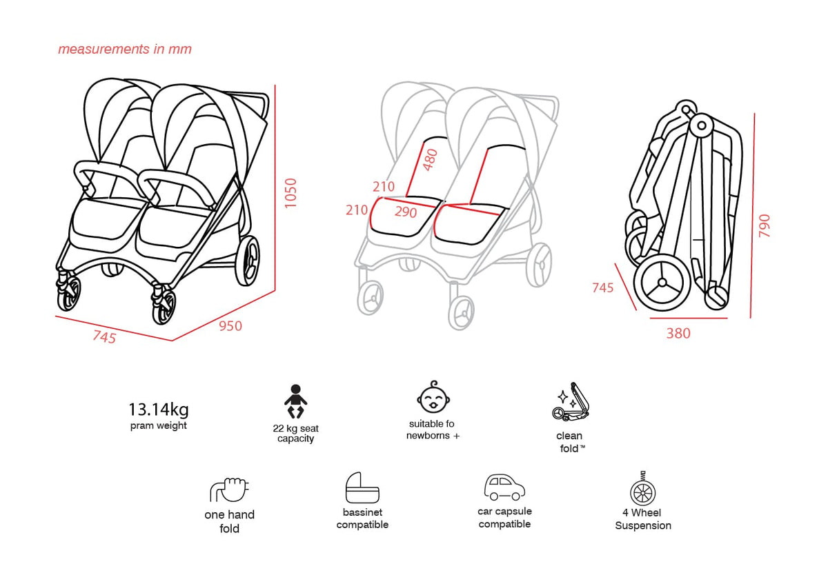 Valco Baby Snap Duo Series2 dimensions: 74.5 cm wide, 105 cm high, 95 cm long; folds to 38 x 74.5 x 79 cm