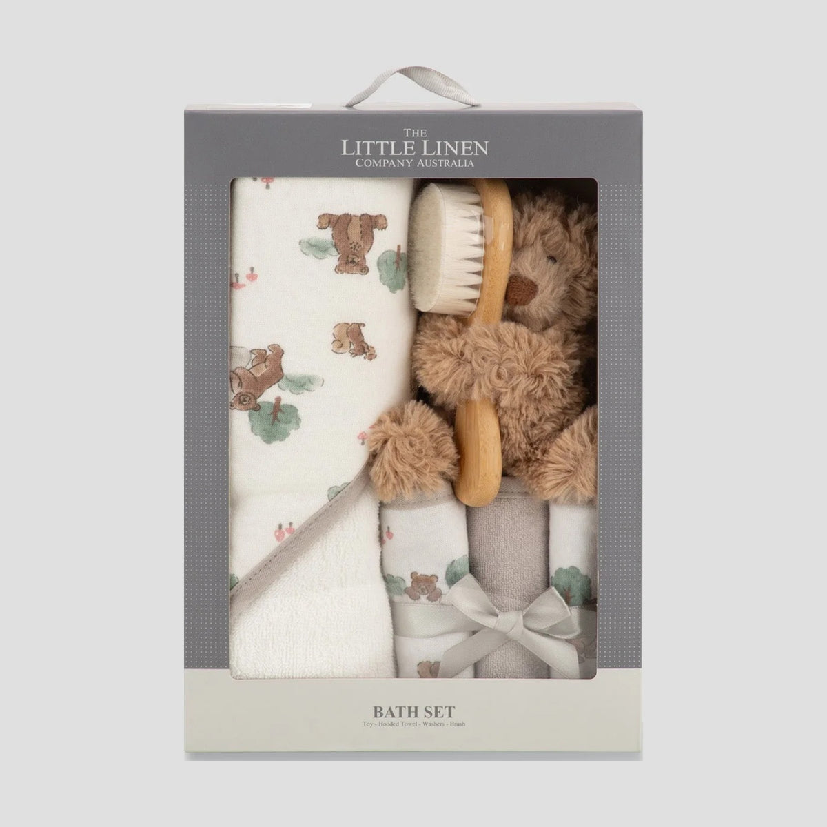Little Linen Willow Bear bath gift set in its gift box
