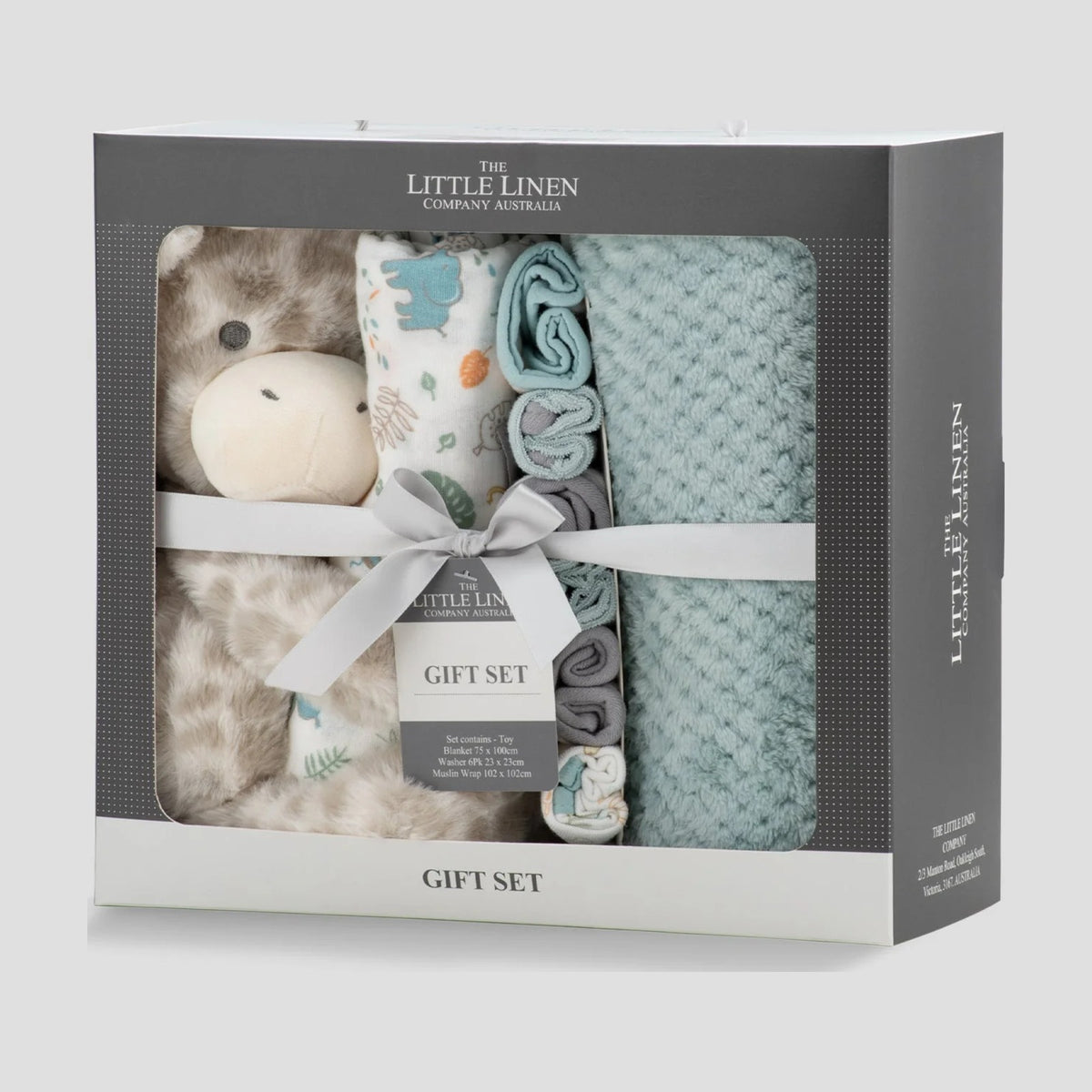 Side view of the Little Linen Savanna Giraffe gift box