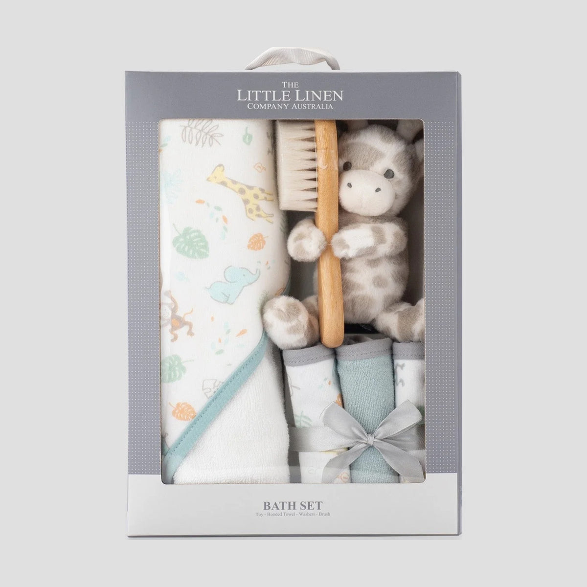 Little Linen Savanna Giraffe bath gift set in its gift box