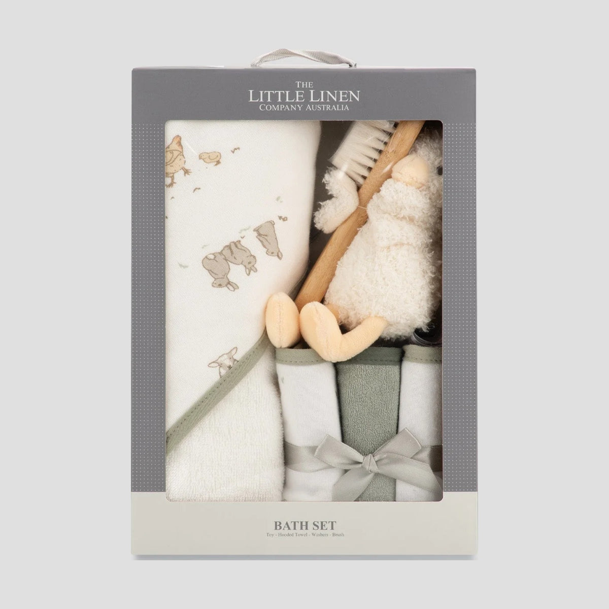 Little Linen Fuzzy Duck bath gift set in its gift box