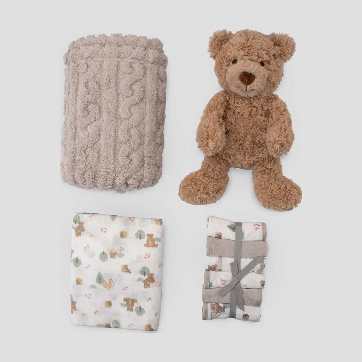 Contents of the Little Linen Willow Bear boxed gift set