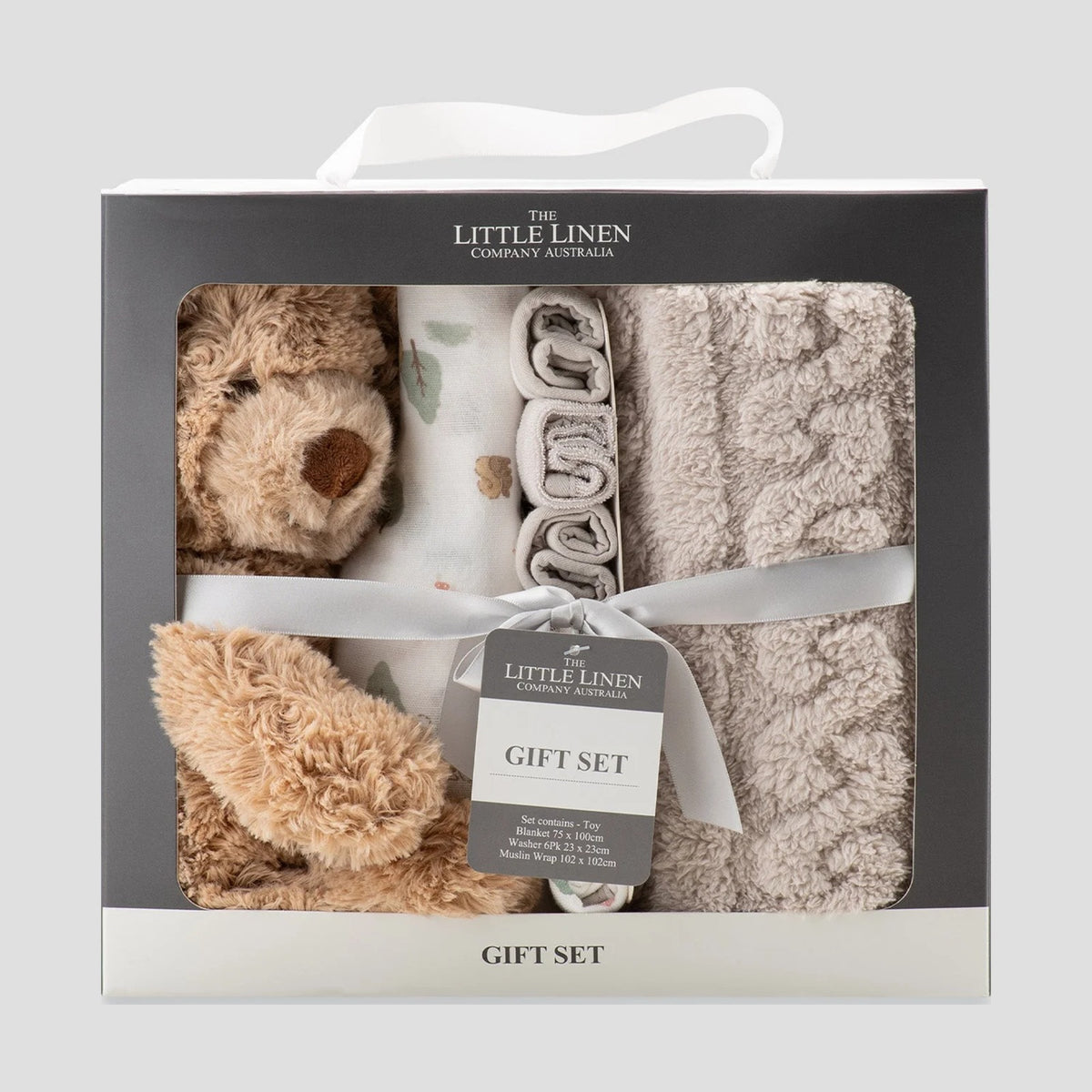 Front of the Little Linen Willow Bear gift box