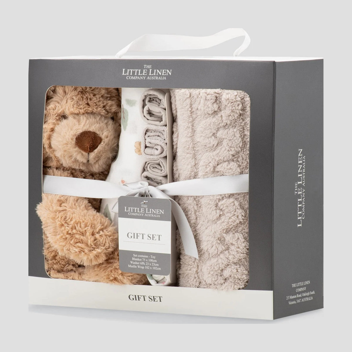 Side view of the Little Linen Willow Bear gift box