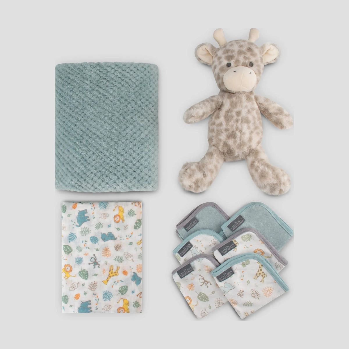 Contents of the Little Linen Savanna Giraffe gift set